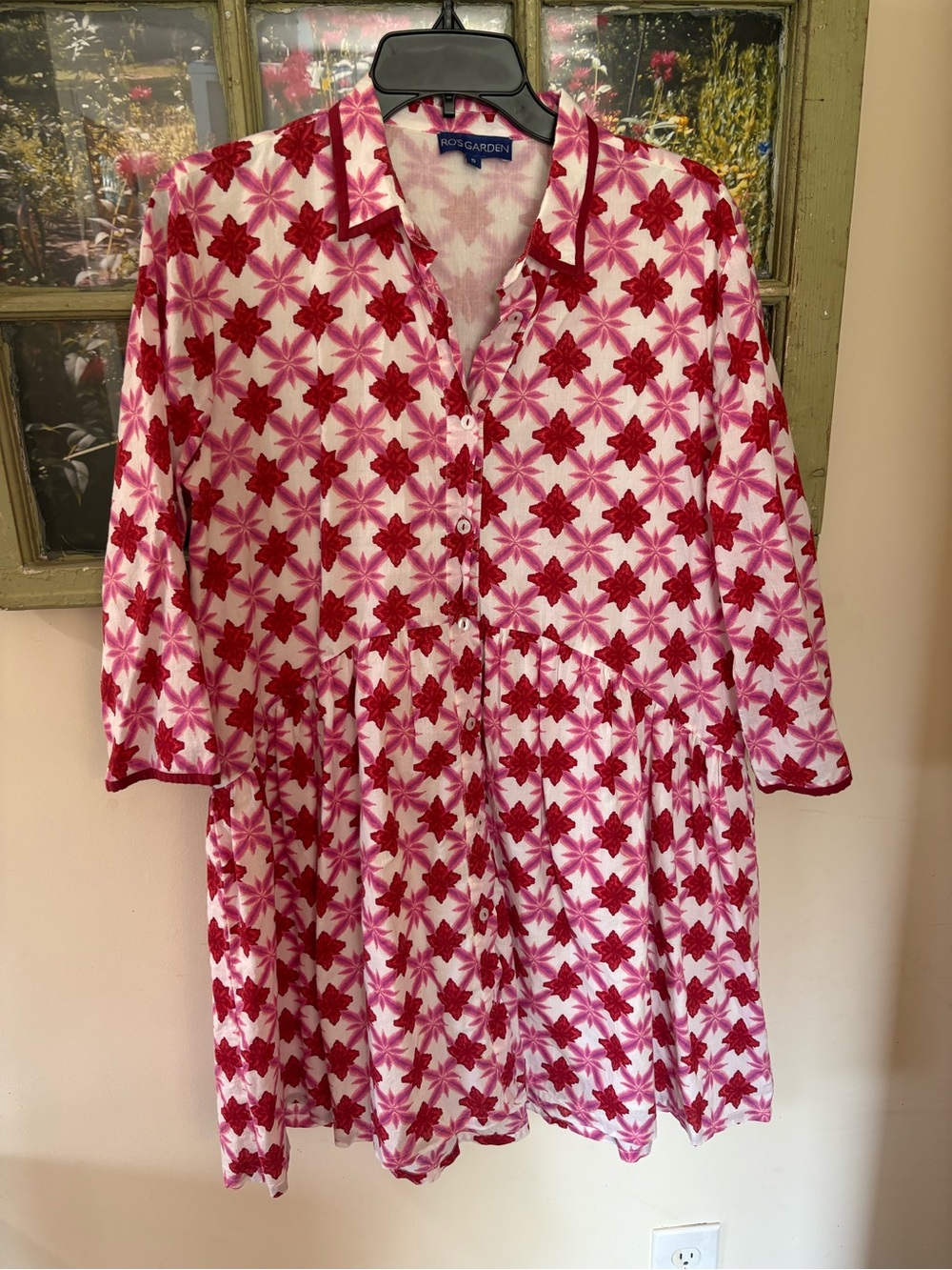 Ro's Garden Pink-Red Deauville Mini Shirt Dress Boho Geo Print